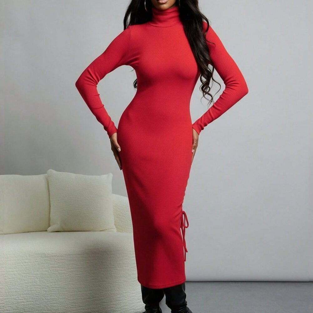 Red Elegant Women's Long Sleeve Turtle Neck Midi Fitted Sweater